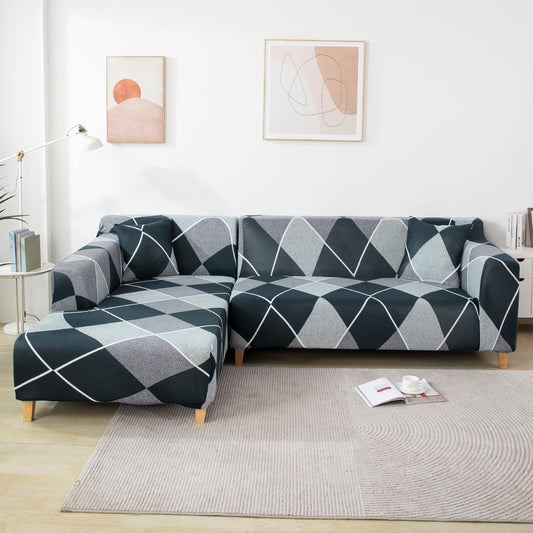 L Shape Checkerplaid Blue Strechable Sofa Cover