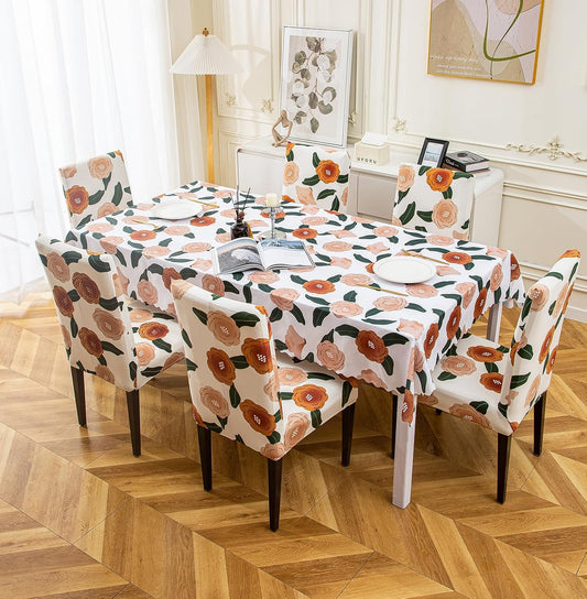Premium Dining Table & Chair Cover Combo - White Brown Flower