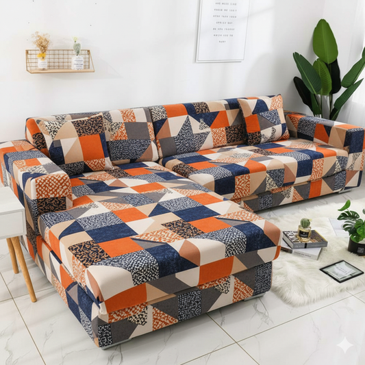 L Shape Quirkyhub Prism Orange Strechable Sofa Cover