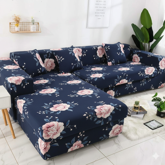 L Shape Quirkyhub Lotus Blue Strechable Sofa Cover