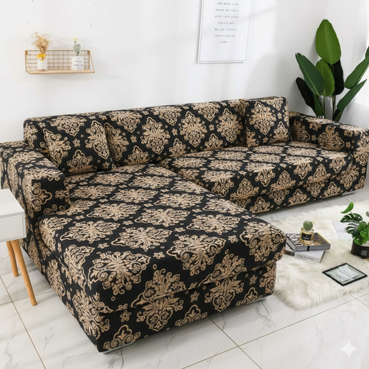 L Shape Quirky hub Black Brocade Strechable Sofa Cover